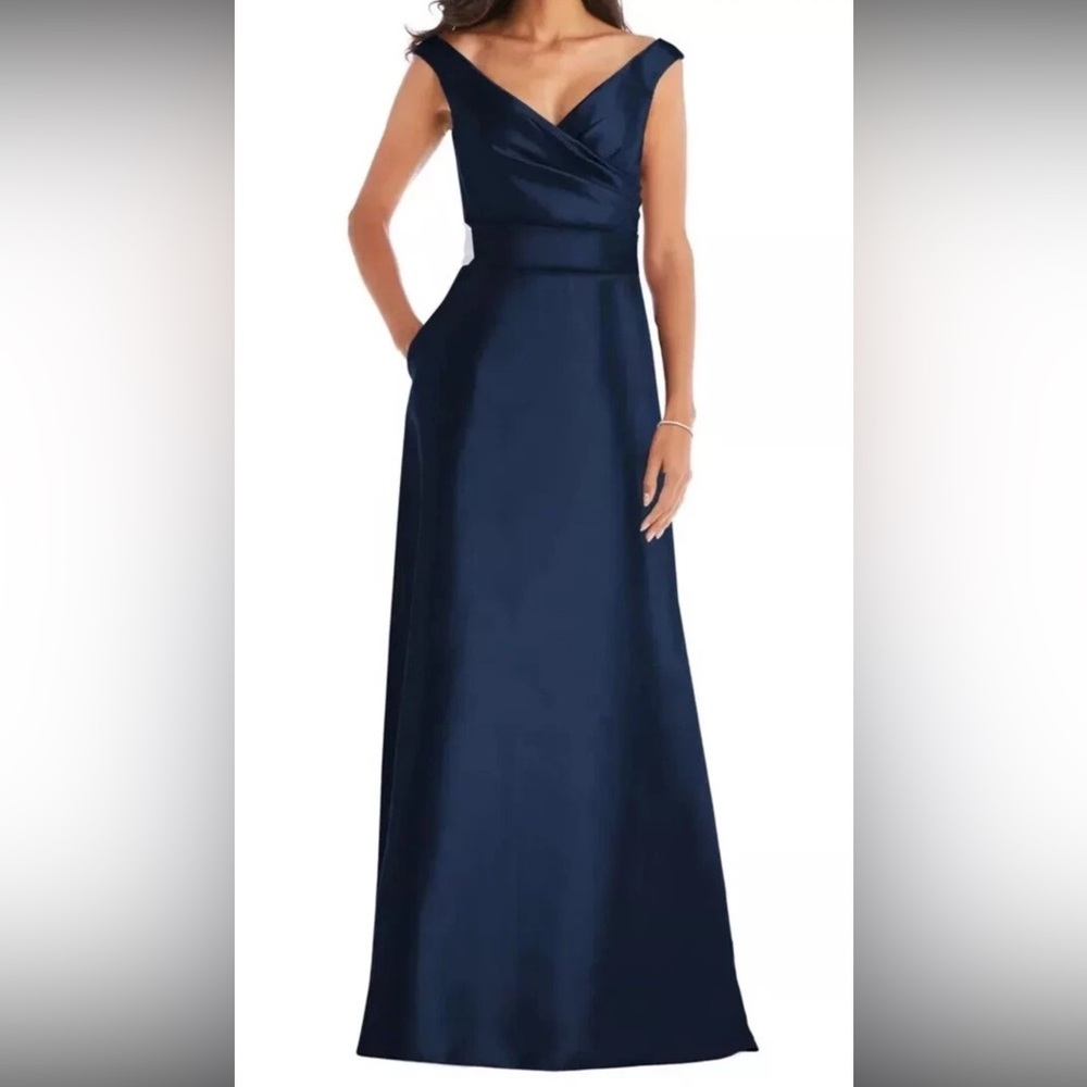 $239‎ Alfred Sung Midnight Blue Off the Shoulder Satin Evening Gown Dress Size 8